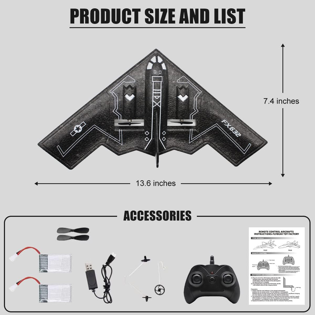 fisca RC Airplane Remote Control B-2 Spirit Stealth Bomber Plane, 2.4Ghz 2CH Foam Drone Ready to Fly Aircraft Toy for Kids and Adults