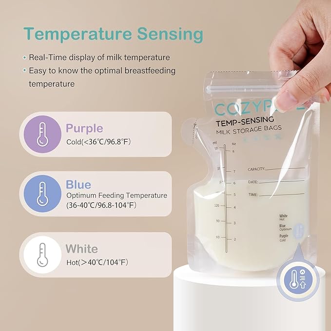 Breastmilk Storage Bags, 8OZ Breast Milk Storing Bag with Pour Spout, Temperature-Sensing Color Change Milk Bag for Convenient Breastfeeding, No Leak Presterilized for Freezer