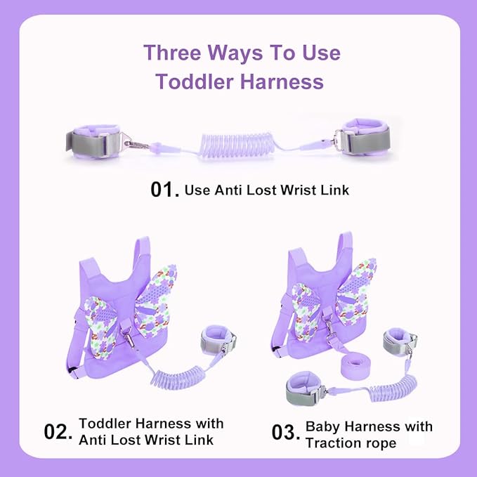 Anti Lost Toddler Harness - Butterfly Baby Leash and Wrist Link with Lock, Child walking Harness Assistant for Girls, Cute Traction Safety Leash for Kids, Holiday Travel Christmas Gift, Purple