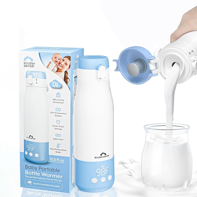 KinderSense® Portable Bottle Warmer for Travel - 12 Fl Oz Large Capacity 55W Power - Breastmilk, Water, Baby Formula- Fast Heating, Leakproof, LED Display + Preset Timer | 18W QC Charger