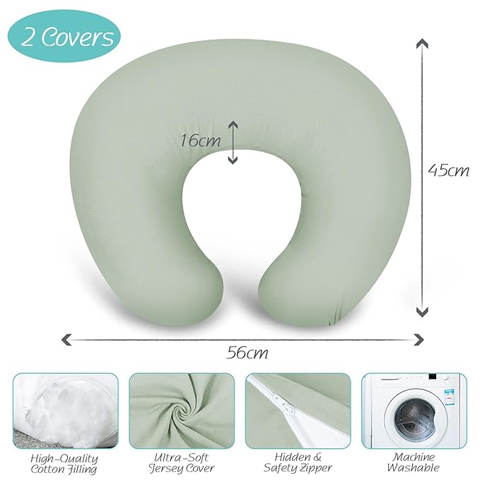 Nursing Pillow with 2 Covers, Feeding Pillows for Breastfeeding, Baby Nursing Pillow with Cooling Cotton, Machine Washable (Jersey, Pale Green)