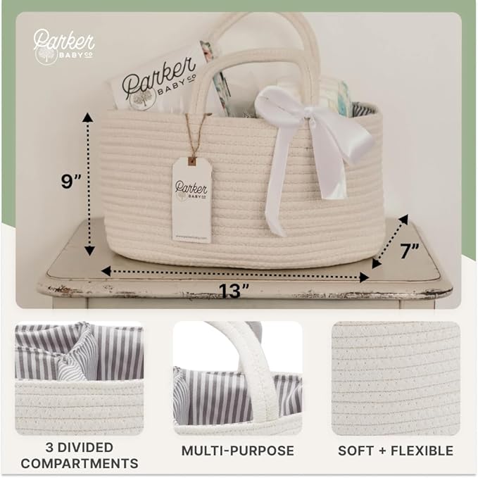 Parker Baby Rope Diaper Caddy Organizer - Nursery Storage Bin and Car Organizer for Diapers and Baby Wipes - Diaper Organizer for Baby Essentials, Baby Shower Gifts - White