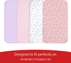 Mini Crib Sheets Fitted 4 Pack for Girls (38" X 24"), Compatible with Dream on Me, Delta Porta Crib and Arms Reach Ideal Cosleeper, Pink