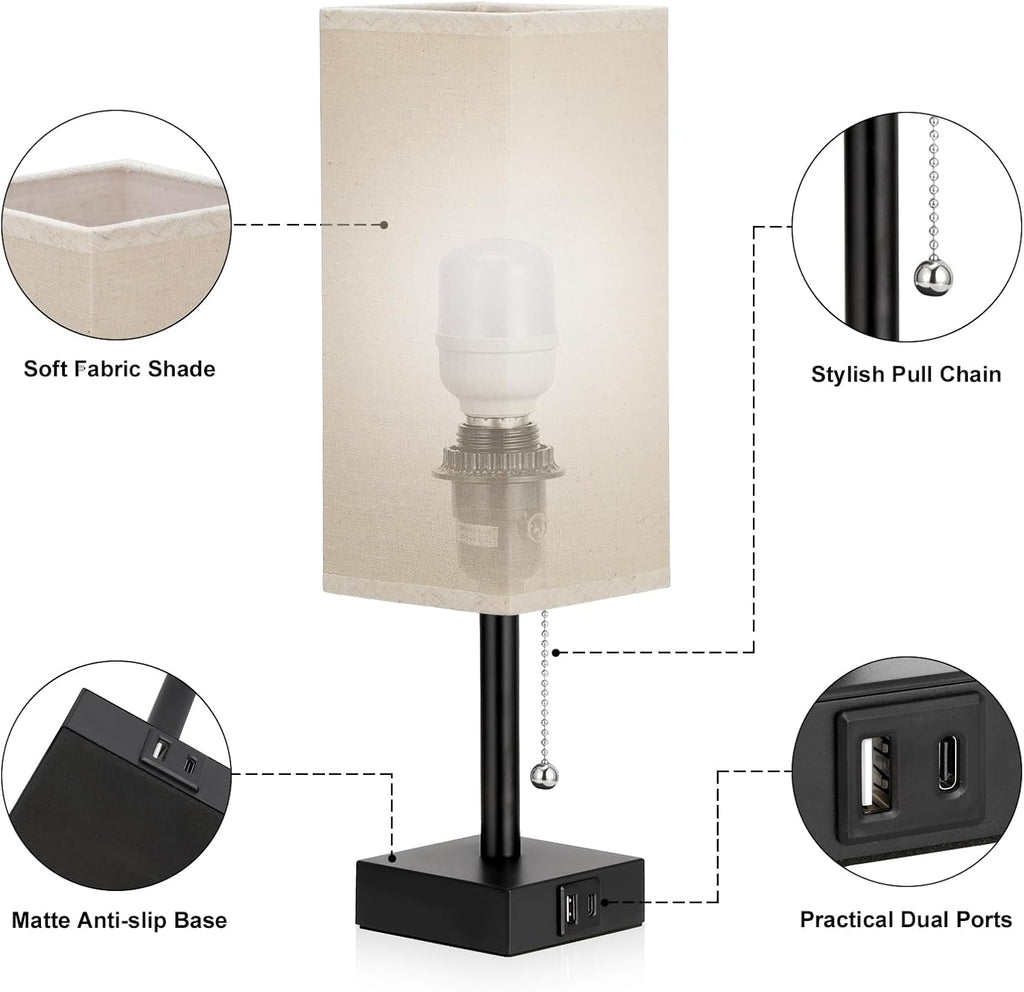 Beige Bedside Table Lamps Set of 2 - Square Bedroom Lamps with 3 Color Temperatures (3000K/5000K/4000K), Nightstand Lamps with USB C + A Charging Ports, Pull Chain Small Night Light for End Table