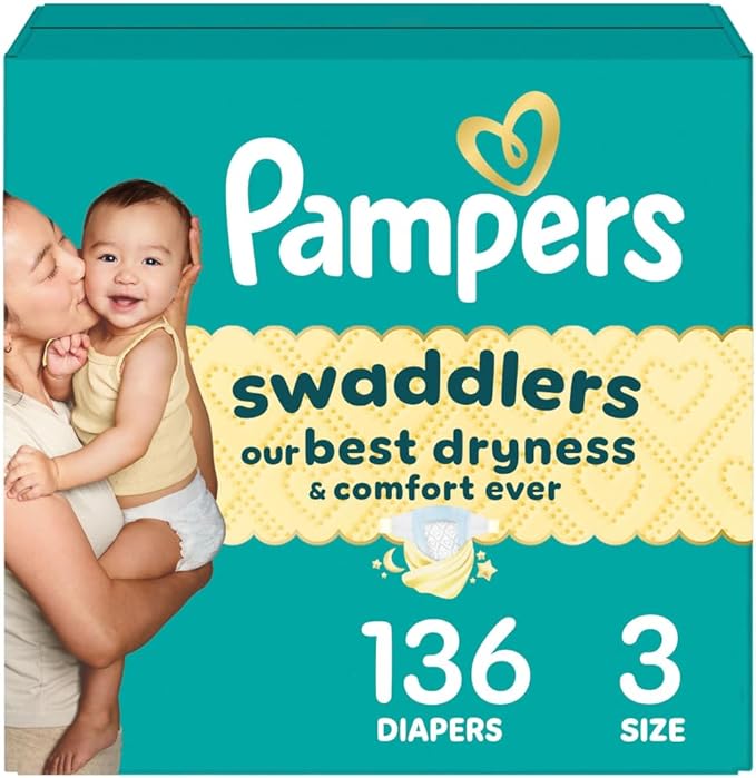 Pampers Swaddlers Diapers, Size 3 (13-26 lbs), 136 Count, Absorbent, Keeps Baby Dry and Comfortable, Skin Safe Disposable Baby Diaper (Packaging May Vary)