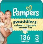 Pampers Swaddlers Diapers, Size 3 (13-26 lbs), 136 Count, Absorbent, Keeps Baby Dry and Comfortable, Skin Safe Disposable Baby Diaper (Packaging May Vary)