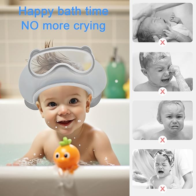 Baby Shower Cap Shield, Shower Cap for Kids, Visor Hat for Eye and Ear Protection for 0-9 Years Old Children, Cute diving goggle Shape Makes The Baby Bath More Fun (Grey)