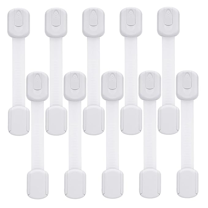Goodv Child Safety Cabinet Locks - (10 Pack) Baby Proofing Latches to Drawer Door Fridge Oven Toilet Seat Kitchen Cupboard Appliance Trash Can with 3M Adhesive - Adjustable Strap No Drill No Tool
