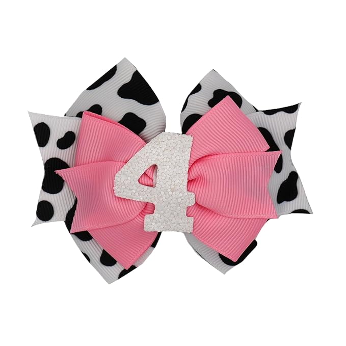 Birthday Hair Bow for Baby Girls 1 2 3 4 5 6 Years Sprinkle Decorations Party Hair Accessories for Four 4th Birthday Cow Print Cowgirl