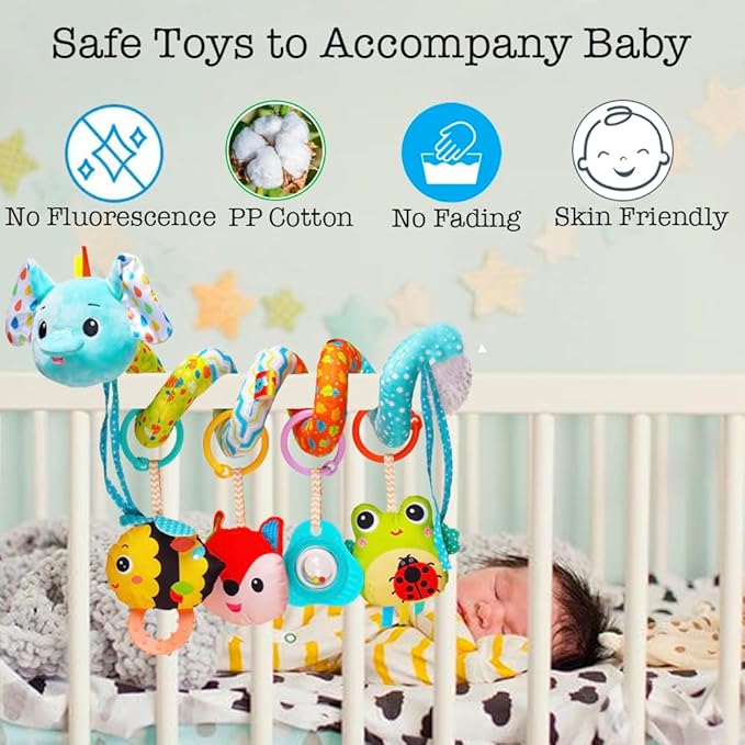 Stroller Toys, Car Seat Toys for Babies Infants 0-6 Months, Activity Spiral Plush Hanging Toy Gift for Baby Boys and Girls 0 3 6 12 Months Newborn Sensory Toy with Rattles Squeaker Music -Blue
