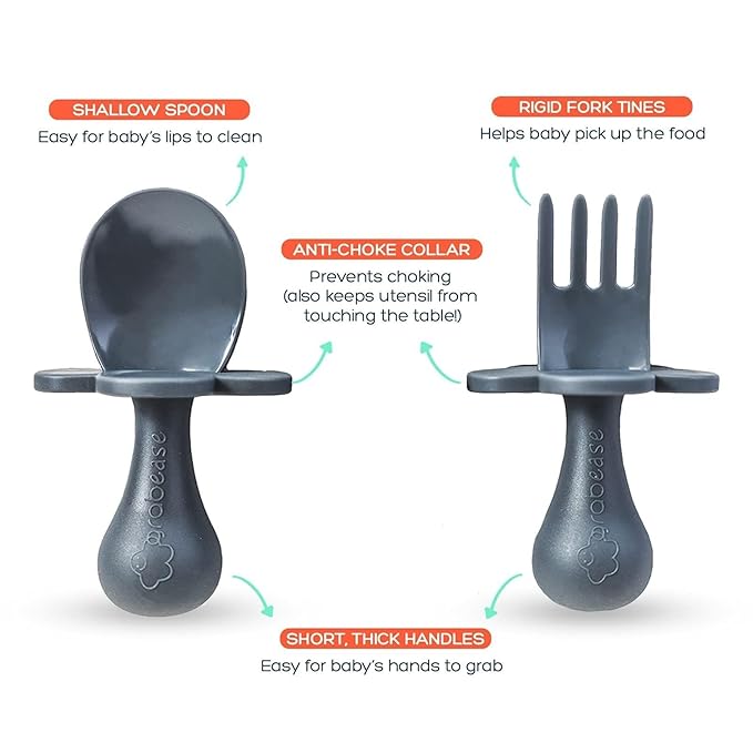 Grabease Baby Feeding Utensils Set - Ergonomic Grip for Self-Feeding - Anti-Choke Collar & Toddler Cutlery Safety - Dishwasher Safe & Travel-Ready Baby Feeding Set - Gray, Pack of 1