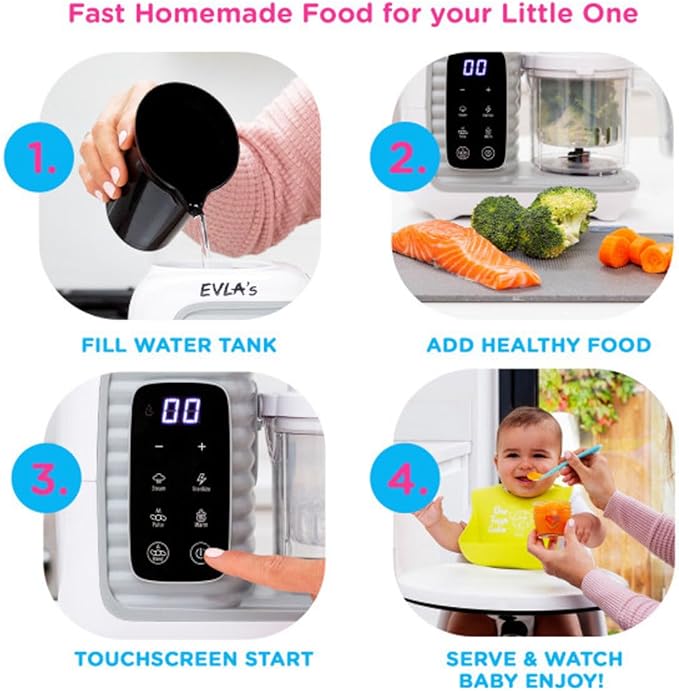 EVLA'S Double Baby Food Maker with 2 Steaming Baskets, Steamer, Blender, Grinder, Food Processor, Cook & Blends Healthy Baby Food in Minutes, Touch Screen, with 6 food pouches, White