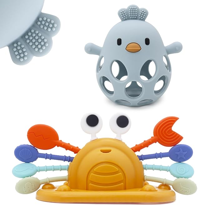 Baby Suction Toys High Chair Teething Toys - Baby Teething Chew Table Toys Silicone Teethers, Food Grade Silicon for 6 12 18 Months (YellowBlue)