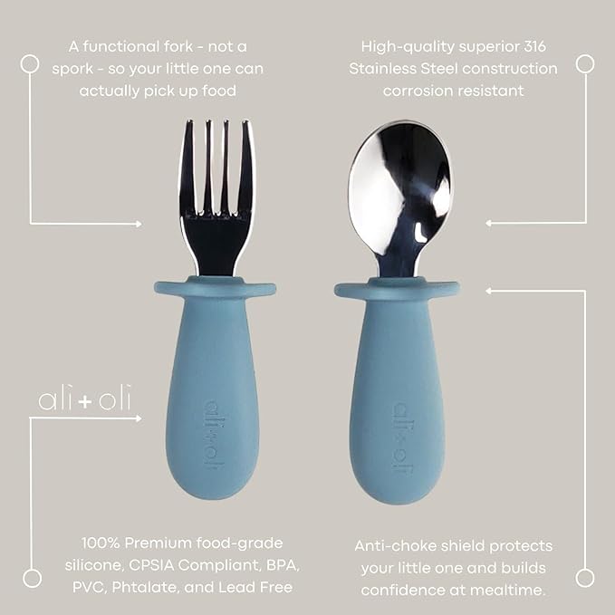 Ali+Oli Spoon & Fork Learning Set for Toddlers (Powder Blue) 6m+ Grab Easy BPA Free Food-Grade Silicone Handle, Kids Silverware Self Feeding Baby Utensil, Multi-stage Baby Feeding Set Ergonomic Design