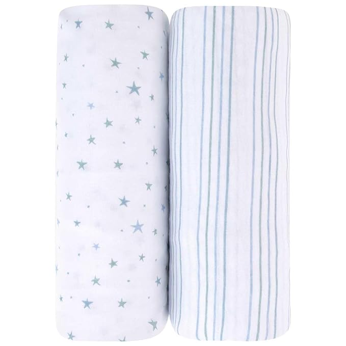 Ely’s & Co. Crib Sheets, Baby Boy Fitted Crib Mattress Sheet Set, 2 Pack, 100% Jersey Knit Cotton, Infant and Toddler Nursery Bedding, Blue Stars + Stripes Print, 28” x 52”