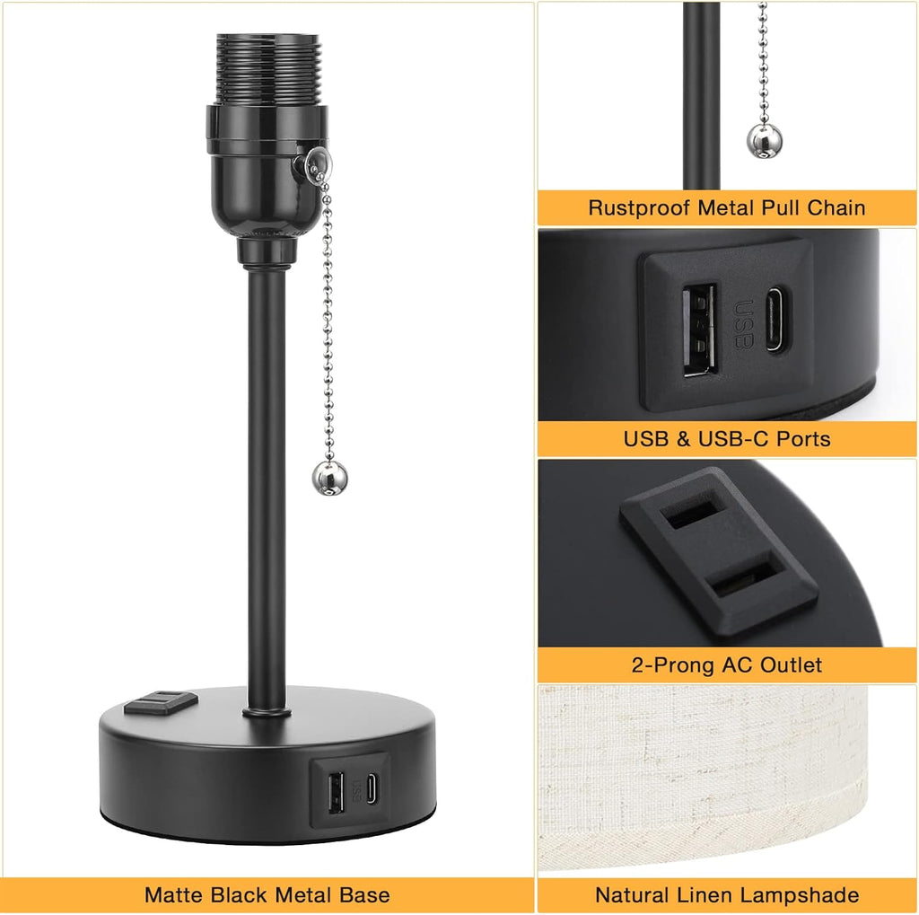 Small Bedside Lamp With 3 Color Modes - Off White 2700K 3500K 5000K Bedroom Light With USB C and A Ports, Pull Chain, AC Outlet, Black Metal Base for Kids Reading