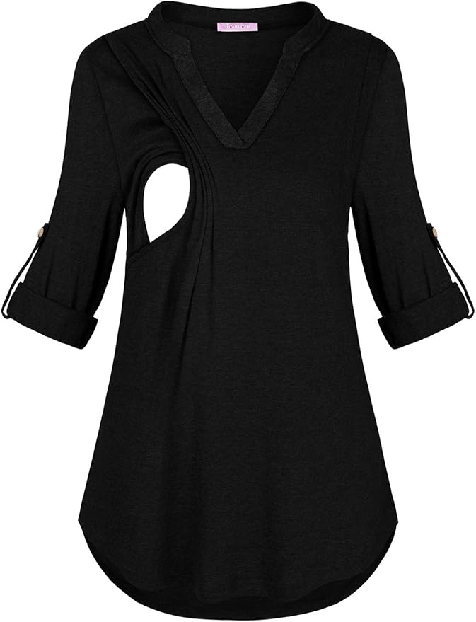 Joymom Maternity Rolled Long Sleeve Nursing Tops Tunic Blouses Breastfeeding