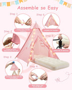 6 Pack Teepee Tent for Kids with Inflatable Airbed, Light, Toddler Tent Children Room Tents, Slumber Party Sleepover Tents, Indoor Outdoor Kids Playtent Playhouse for Girls & Boys