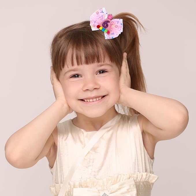 Birthday Hair Bow for Baby Girls 1 2 3 4 5 6 Year Old Sprinkle Hair Clips Happy Birthday Decorations for Girls Toddlers With Pom-Poms Ice Cream Candy Party Pink Hair Accessories for 6th Sweet Party