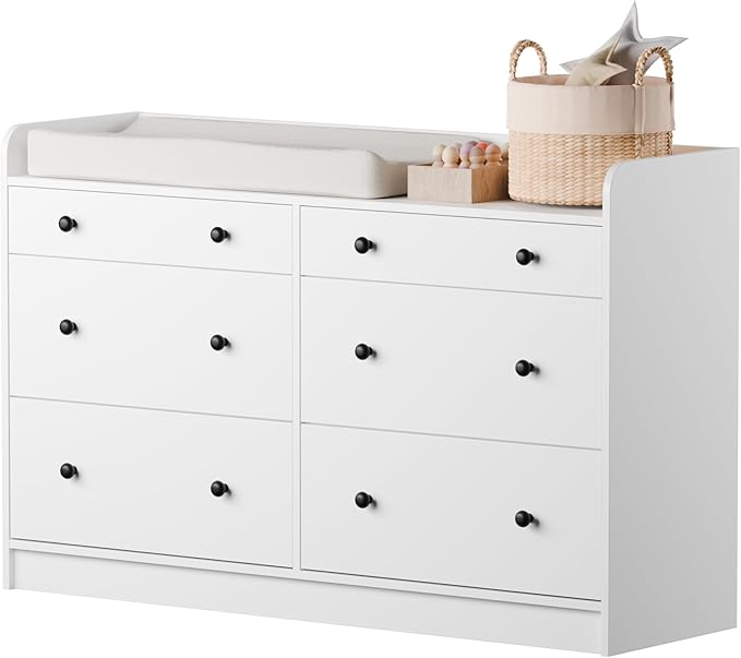 Cozy Castle Baby Dresser with 6 Drawers and Large Table Top, Multi-Functional Chest of Drawer, Drawer Dresser with Three-Sided High Rails for Nursery, Children's Room, Bedroom, White