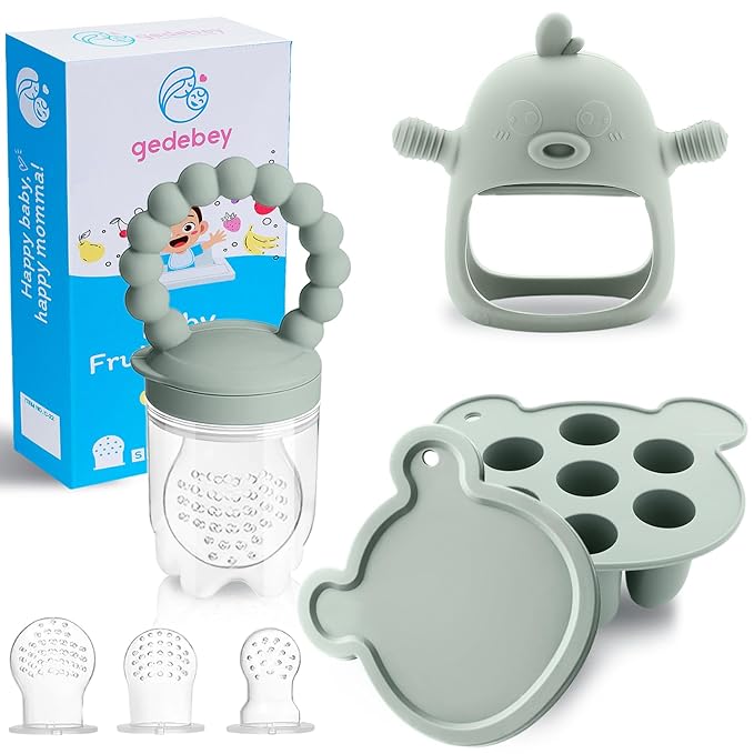 Baby Fruit Feeder & Breastmilk Popsicle Mold Set – 3 Pack Silicone Teething Relief Kit with Food Feeder Pacifier, Freezer Tray with Lid & Baby Teether Toy (Pea Green)