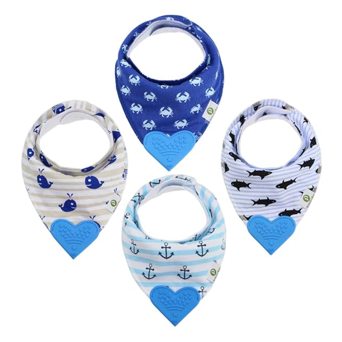 Pickle & Olive Bandana Teething Bibs with Attached Teether - Set Of 4 - Nautical