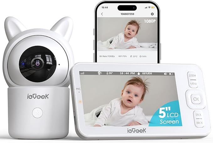 ieGeek Baby Monitor with Camera and Audio, 5" Large HD Display(No WiFi) & 1080P Camera & Free Smart App(WiFi), Upgraded Night Vision/PTZ/2-Way Audio/Auto Tracking Detection Notification and Alert