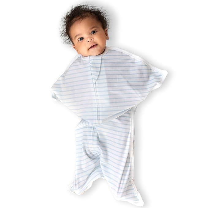 SleepingBaby Zipadee-Zip Transition Swaddle - Cozy Baby Swaddle Blanket with Zipper Convenience - Roomy Wearable Blanket for Easy Diaper Changes - Blue/Cream, Medium (6-12 Month)