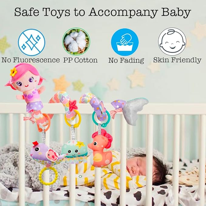 Baby Car Seat Toys, Car Seat Toy for Babies Infants 0-6 Months Activity Spiral Mermaid Hanging Stroller Toys Gift for Baby Girls 0 3 6 12 Months Newborns Sensory Toys with Rattles Squeaker Music- Pink