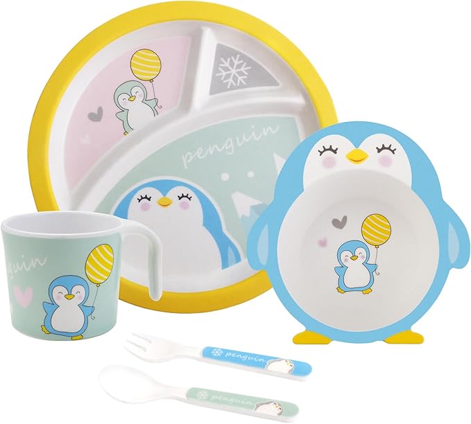 Kids Feeding Set 5 Pcs, Tableware Set for Toddlers Includes Plate Bowl Cup Fork and Spoon Utensil Flatware, Kids Flatware Set Dishwasher Safe, BPA Free (Penguin)