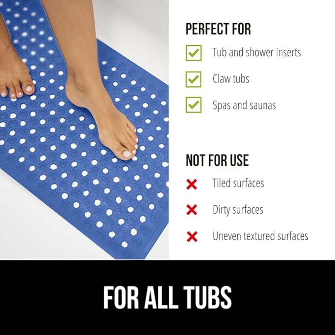 GORILLA GRIP Patented Bath Tub Shower Mat, Machine Washable Bathtub Floor Liner Mats, Suction Cups and Drain Holes to Keep Tubs Clean, Soft on Feet, Bathroom Essentials, 35x16 Inch, Royal Blue Opaque