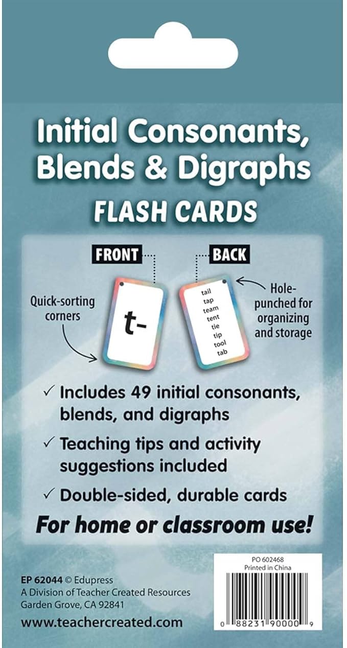 Teacher Created Resources Initial Consonants, Blends & Digraphs Flash Cards (EP62044) 3-1/8" x 5-1/8"