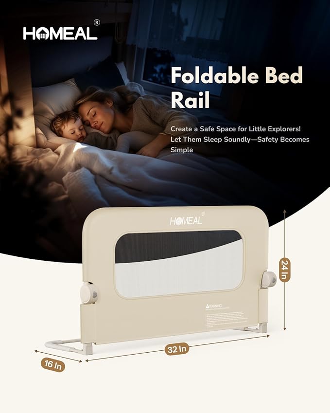 HOMEAL 32"x24" Bed Rail for Toddlers - Foldable Bed Side Rail with U-Shape Base, Baby Bed Rail Guard for Twin, Full, Queen, King Mattress, Beige, 1 Pack