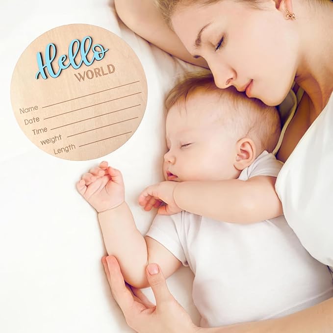 Baby Announcement Sign, 5.9 Inch Wooden Hello World Newborn Signs, Birth Announcement Sign, Baby Shower Hospital Nursery for Newborn Boys and Girls (Sky Blue,Pen)