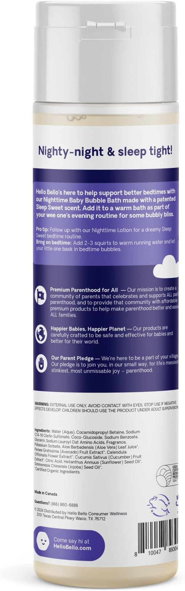 Hello Bello Nighttime Bubble Bath - Gentle Hypoallergenic Formula for Babies and Kids - Vegan and Cruelty-Free - Sleep Sweet Scented - 10 fl oz