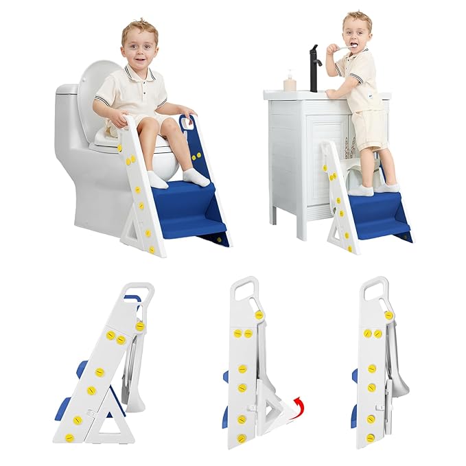 Primlect Space-Saving Potty Training Seat with Ladder, Adjustable Step and Toilet Seat Height, Top Handles for Easy Climbing, Easy to Carry, Portable Toddler Toilet Trainer for Small Bathrooms