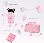 OUOZZZ 10" Soft Baby Doll Set with Plush Doll, Bassinet, Blanket and Bottle, Pretend Playset for Emotional Social Education Asian Doll for 2 Year Olds Girls Christmas Birthday Gift