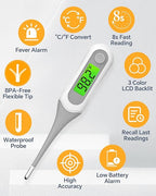 Digital Thermometer for Adults and Kids, 8s Fast Reading Baby Oral Thermometer with 3 Colors Backlit, °C/°F Switchable, Fever Alarm, Medical Basal Thermometer for Oral, Rectal, Underarm