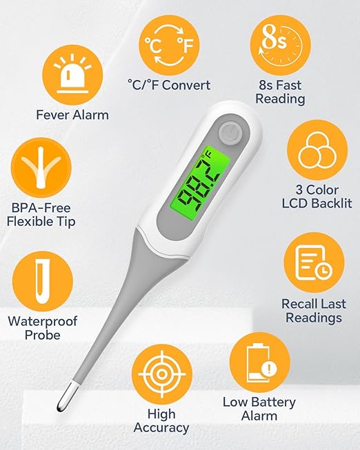 Digital Thermometer for Adults and Kids, 8s Fast Reading Baby Oral Thermometer with 3 Colors Backlit, °C/°F Switchable, Fever Alarm, Medical Basal Thermometer for Oral, Rectal, Underarm