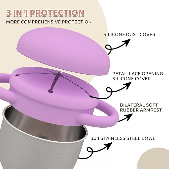 Stainless Steel Snack Containers for Kids, 2 Pack Toddler Snack Containers with Silicone Lids & Handles, Safe and Durable, Snack Cups for Toddlers Spill Proof