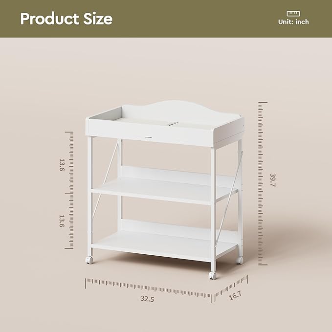 Baby Changing Table, Diaper Changing Station with Pad and Wheels, Two-Tier Open Storage Shelves, Waterproof Diaper pad & Safety Strap, Compact Baby Furniture for Nursery, White