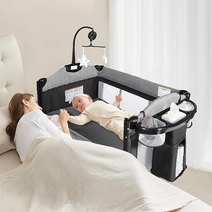 Kinder King 4 in 1 Portable Baby Playard, Foldable Baby Bedside Crib w/Bassinet, Infant Pack and Play Playard Toddler Large Playpen, Newborn Changing Table, Storage Basket, Grey