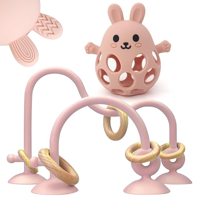 Baby High Chair Suction Toys Teething Chew - Baby Teething Toys Silicone Teethers Table Toys, Food Grade Silicon for 6 12 18 Months (RPinkFPink)