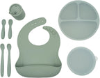WeeSprout Baby Led Weaning Bundle, Silicone Suction Bowl, Spoons, Bib & Cup, Develops Self Feeding Skills, Dishwasher Safe (Green)