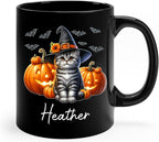 Customized American Shorthair Wearing Witch Hat Cup, Personalized Name American Shorthair Coffee Mugs, Cat with Pumpkins Ceramic Cups, Cat Halloween Black Mug 11oz 15oz, Gift for Halloween