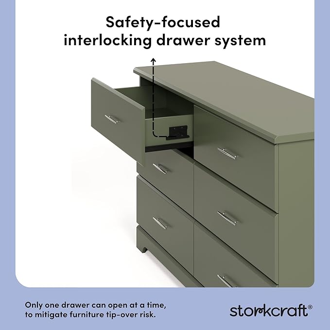 Stork Craft Brookside 6-Drawer Dresser (Olive) – GREENGUARD Gold Certified, Green Dresser for Bedroom, Kids & Nursery Storage Chest, Safety Interlocking Drawers, Pre-Installed Tracks, Kids Chest