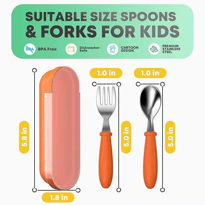 Toddler Utensils, Toddler Forks and Spoons, Baby Stainless Steel Silverware Set with Storage Box for Self Feeding Safe, Dishwasher Safe (2 Set with Case)