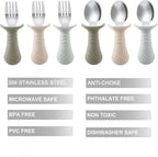 PandaEar Baby Toddler Fork and Spoon Utensil Set, 6 Pack Silicone Stainless Steel Silverware Spoon Fork for Babies Toddler, BPA Free with Silicone Holding Anti-Choke Design (Light Tan&Walnut&Grey)