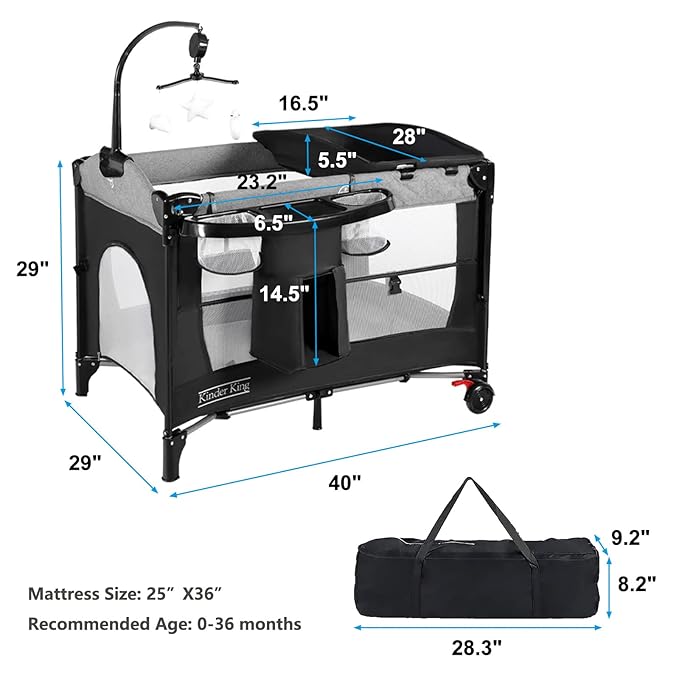 Kinder King 4 in 1 Portable Baby Playard, Foldable Baby Bedside Crib w/Bassinet, Infant Pack and Play Playard Toddler Large Playpen, Newborn Changing Table, Storage Basket, Grey