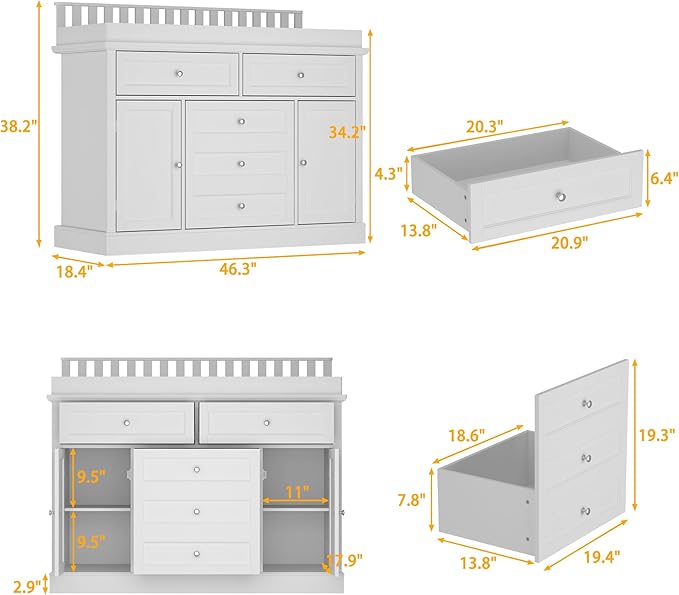 Nursery Dresser with Changing Table Top, 46" W Baby Dresser with 2 Drawers, Laundry Basket & Raised Guard, Infant Diaper Changing Storage Organize Station for Nursery and Baby Bedroom, White